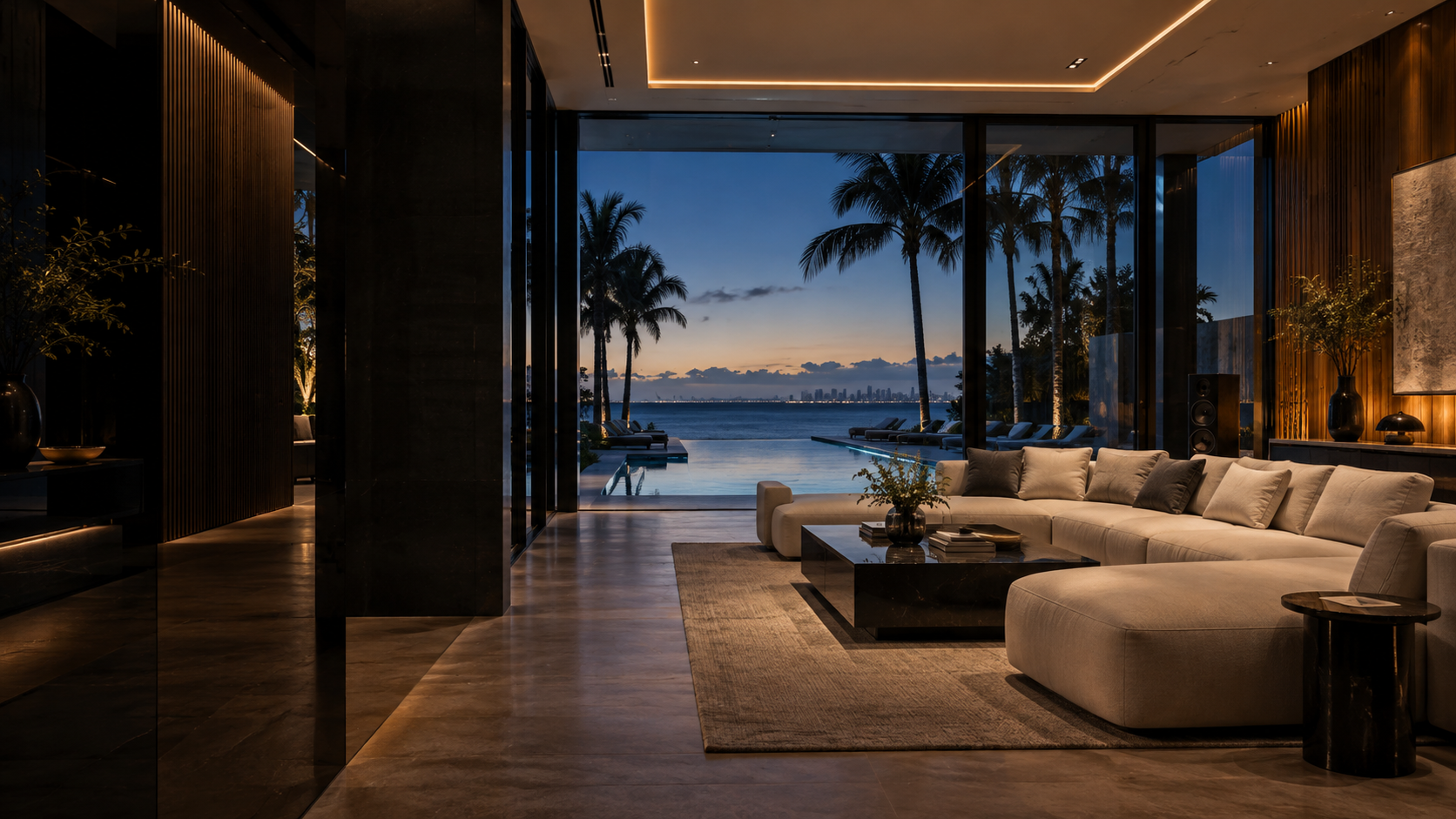 Concept visualization of a contemporary waterfront home with architectural lighting and high-end audio
